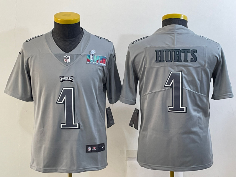 Youth Philadelphia Eagles #1 Jalen Hurts Gray Super Bowl LVII Patch Atmosphere Fashion Stitched Football Jersey Youth Philadelphia Eagles #1 Jalen Hurts Gray Super Bowl LVII Patch Atmosphere Fashion Stitched Football Jersey